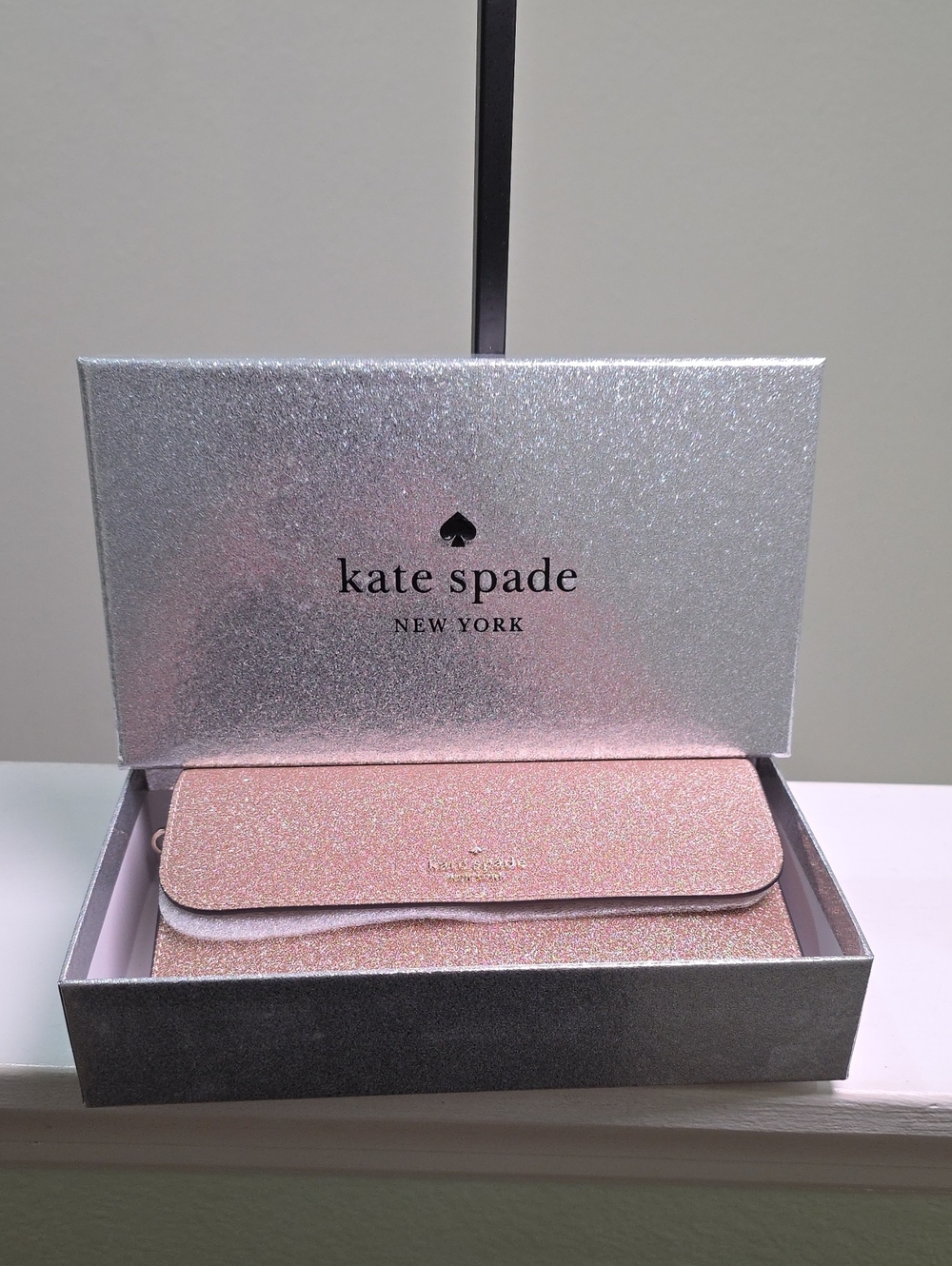 Kate Spade New In Box Rose Gold Glitter Medium Flap Phone Wristlet NWT